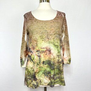 One World Womens XL Top Tee Brown Green Burnout illusion Studded #B
